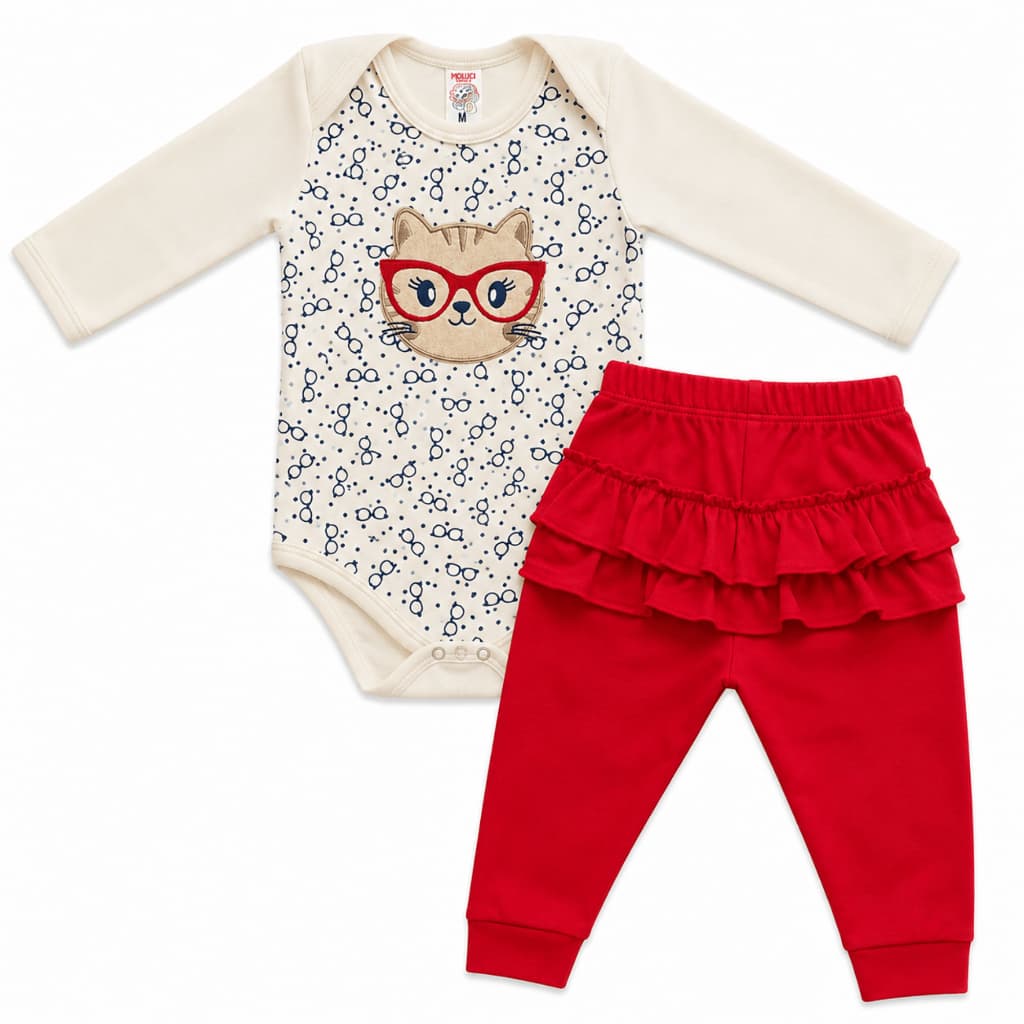 Conjunto Bebê Menina Gatinha Body Manga Longa e Calça Babado Mijão Suedine 100% Algodão Inverno