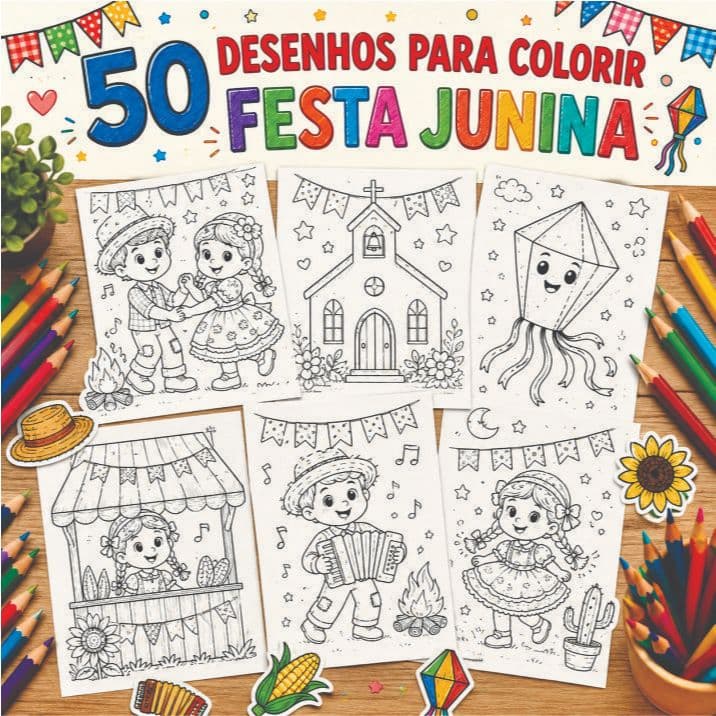 Kit 50 Desenhos Festa Junina para Colorir - Folhas Soltas A4 Atividade Escolar e Brinde Arraiá