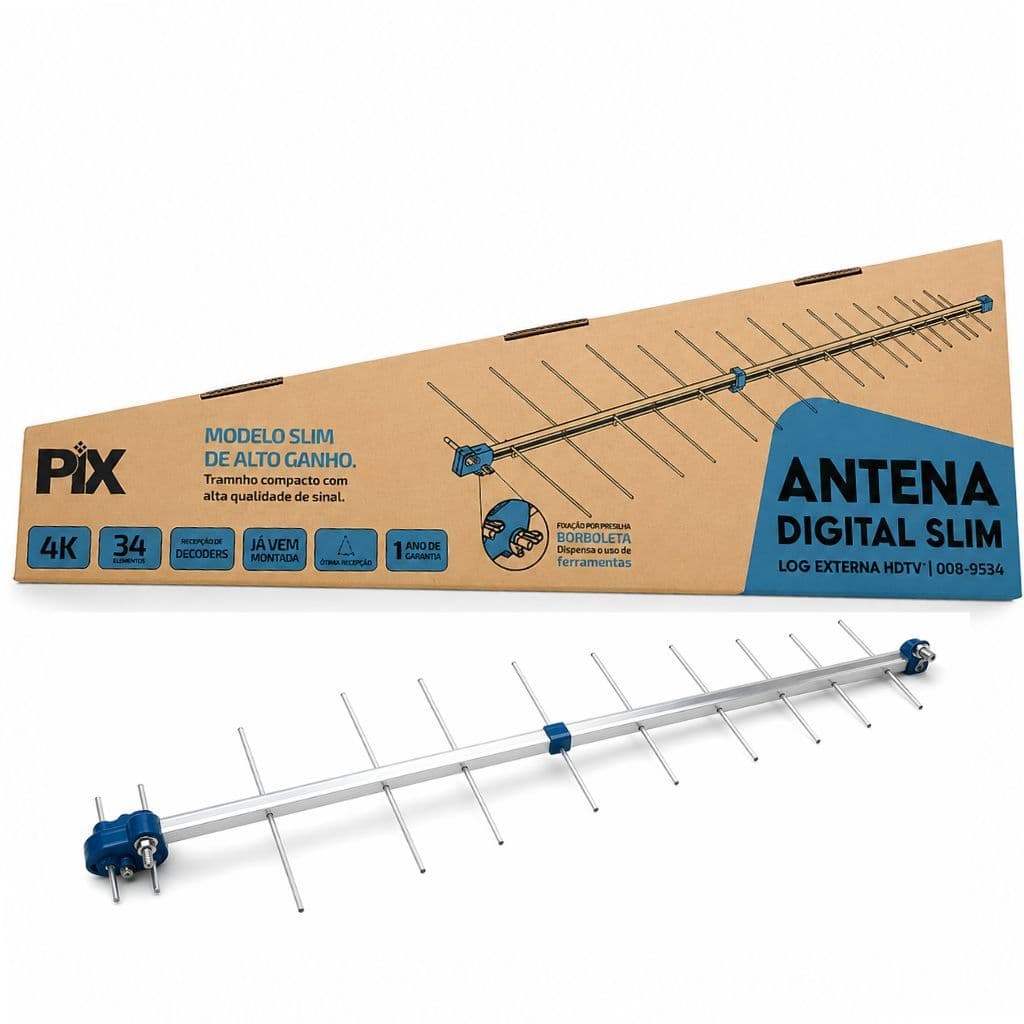 Antena Digital TV Externa HD Full HD 4K UHF VHF Sinal Forte Para Smart TV e Conversor 34 Elementos