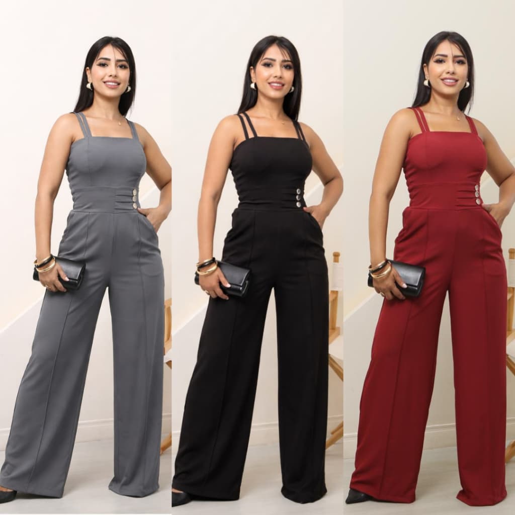 Macacão longo Feminino com Botões e Bolso Pantalona Moda Cansual Chic festa M G