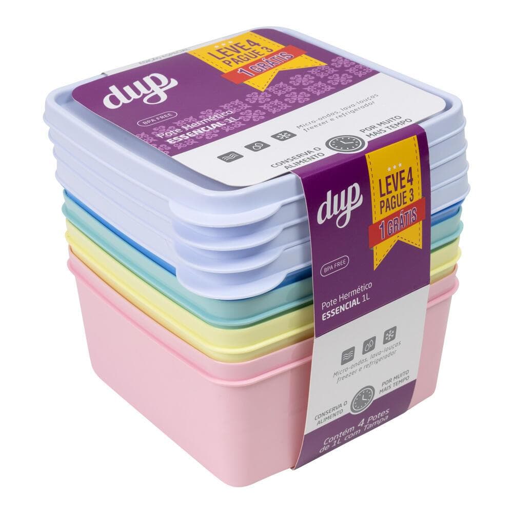 Conjunto 4 Potes Herméticos Quadrados Essencial 1 Litro DUP BPA FREE Marmita Freezer