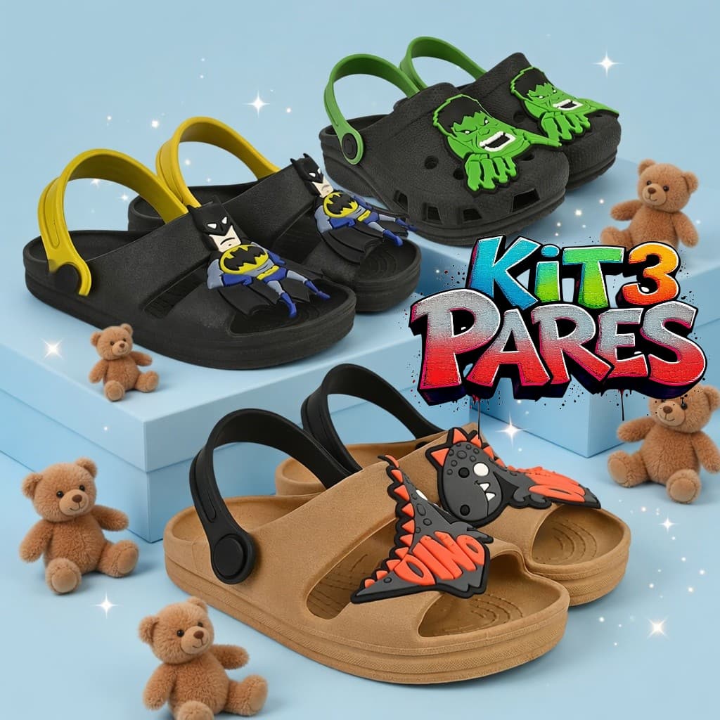 Kit 3 Pares Papete Injetada Personagens Menino Infantil Leve Confortável