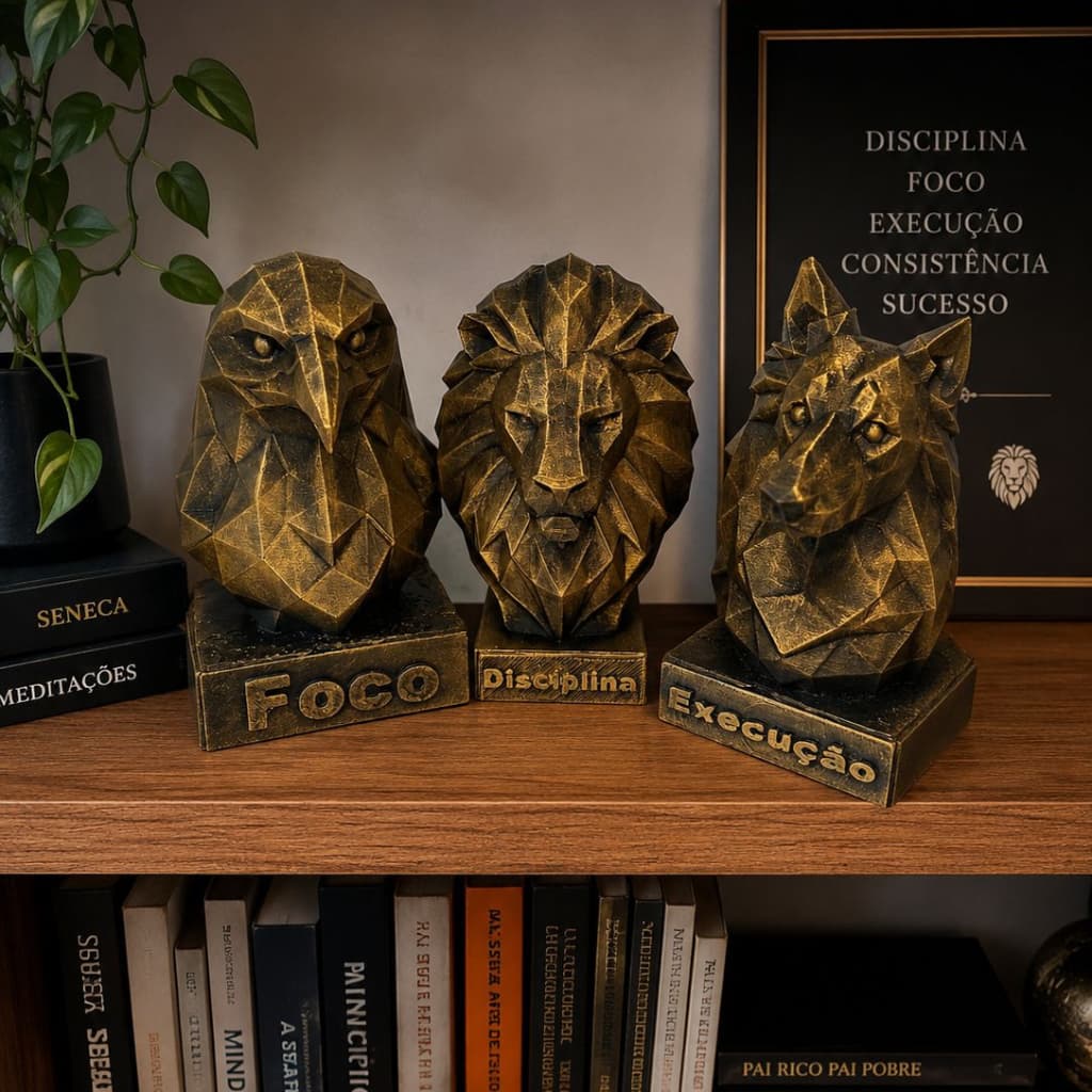 Estátuas Decorativas Águia Leão Lobo - Foco Disciplina Execução - Decoração Sala Motivacional Escritório Mesa