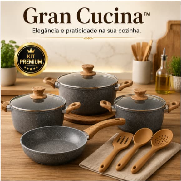 Kit Panelas Antiaderente 4 Peças Gran Cucina™ com Utensílios Silicone Cozinha Premium