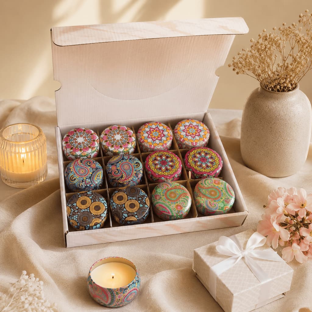 Kit 6/12 Velas Aromáticas 100g Lavanda Decorativas Premium Latas Estampadas Boho