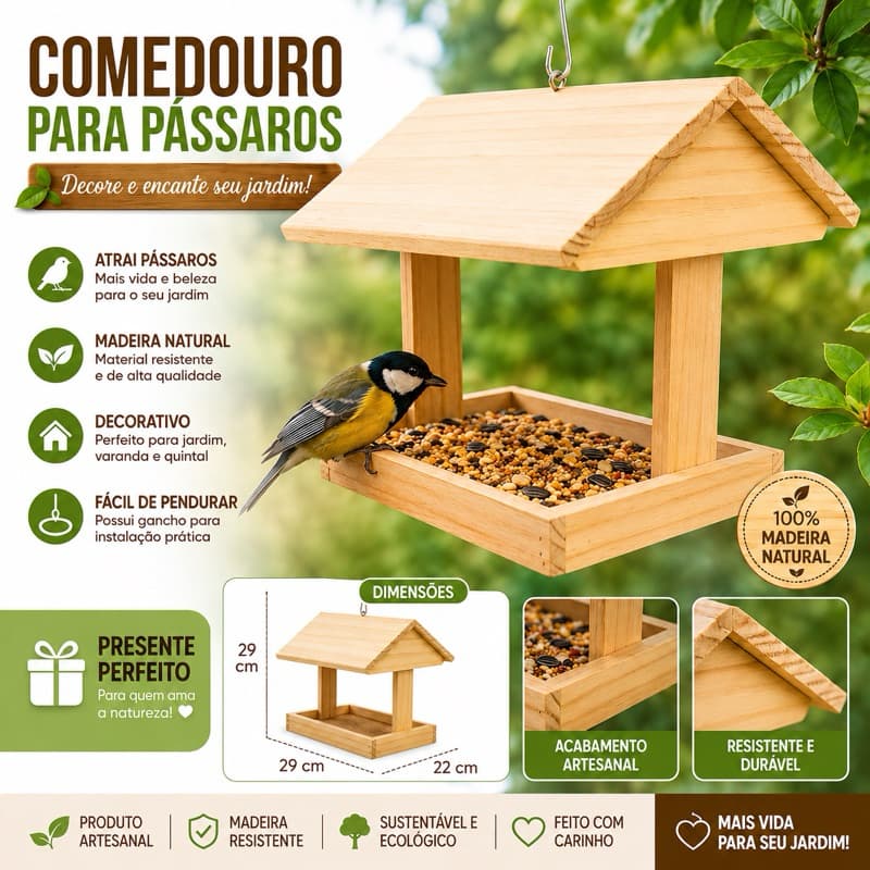 Comedouro Para Pássaros Em Madeira Casinha Artesanal Jardim Varanda Suspenso