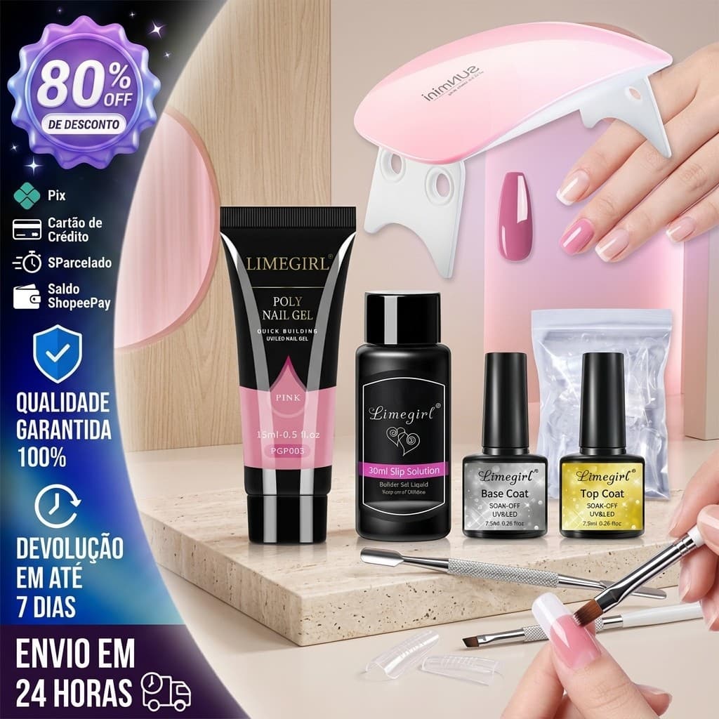 Kit Poligel Alongamento Unha COMPLETO 7PÇ/Polygel30ml+Molde 20 PÇ+Top Coat+Base Coat+Pincel+Espatula