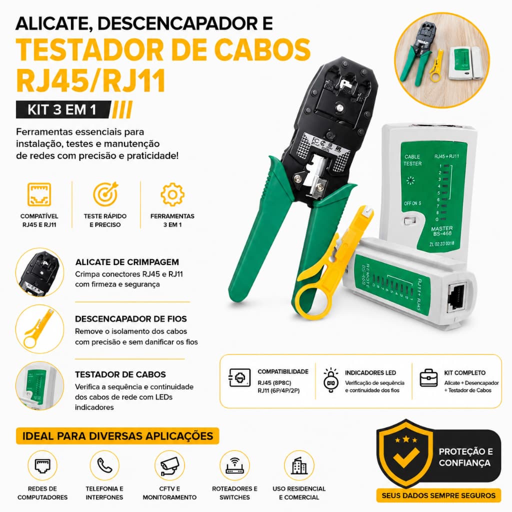 Alicate Crimpador RJ45/RJ11 + Testador de Cabos de Rede e Telefonia e Decapador de Cabos