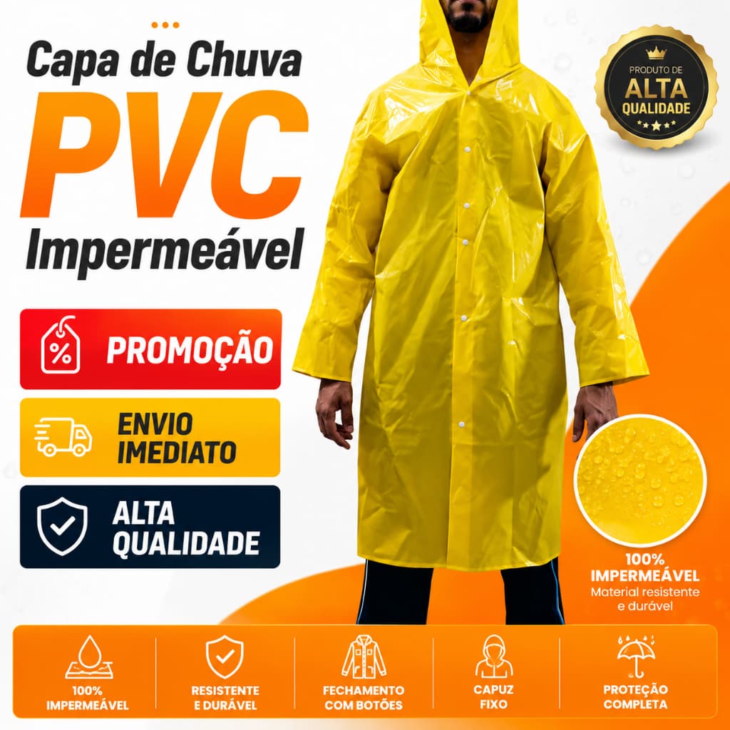 Capa De Chuva Amarela Impermeável PVC Forrado Com Capuz Proteção Segurança EPI
