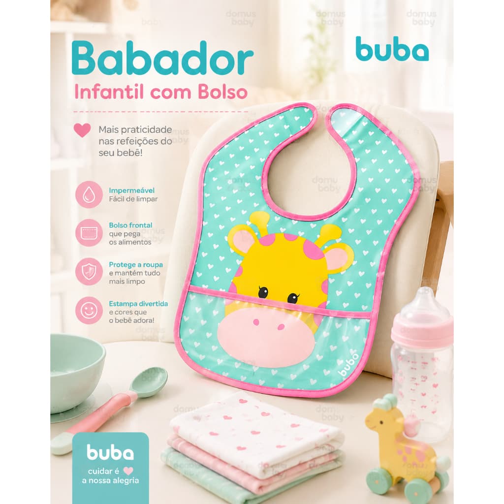 Babador Infantil Buba com Bolso Cata Migalhas Impermeável Bebê