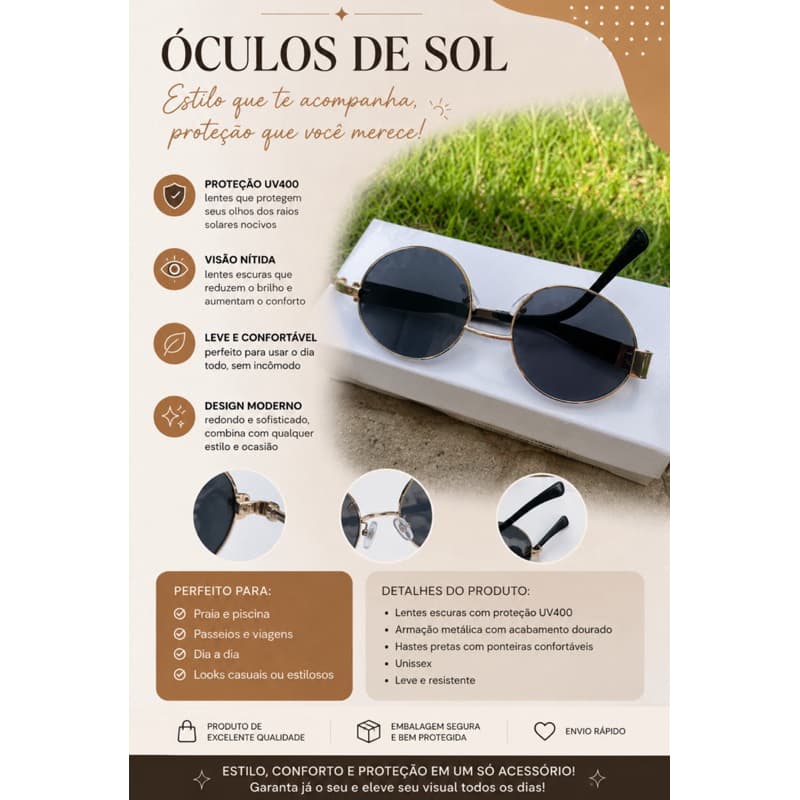Óculos de Sol Feminino Redondo Retrô Metal Dourado Preto UV400 Fashion