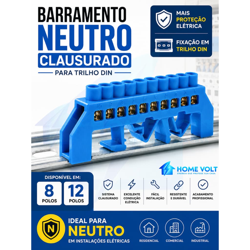 Barramento Neutro Clausurado Trilho Din 8 e 12 Polos Alta Proteção Elétrica Bivolt INMETRO Segurança