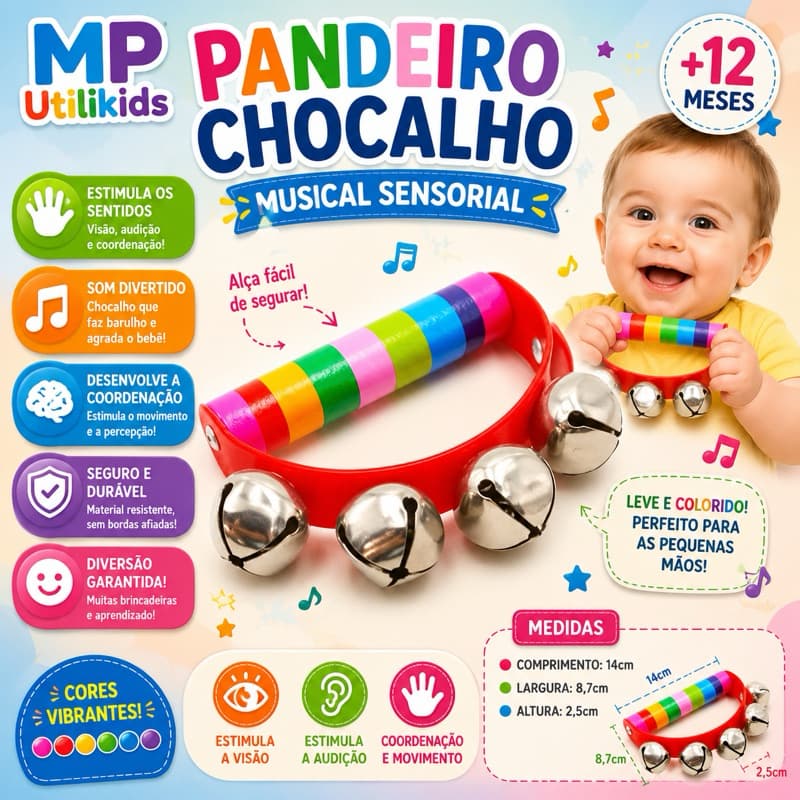Pandeiro Chocalho Infantil Bebê Criança Aprendendo Musical Sensorial 12 Mês Brinquedo Menino Menina