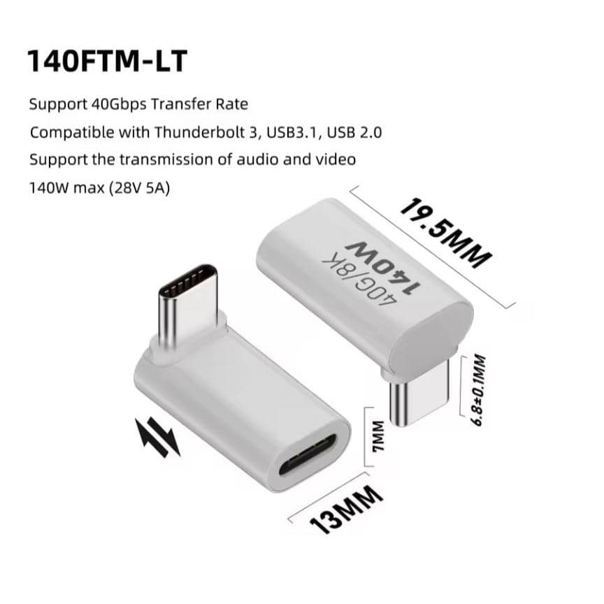 Adaptador USB-C 90 graus femea para macho 140w 40Gbps - Shape - Branco