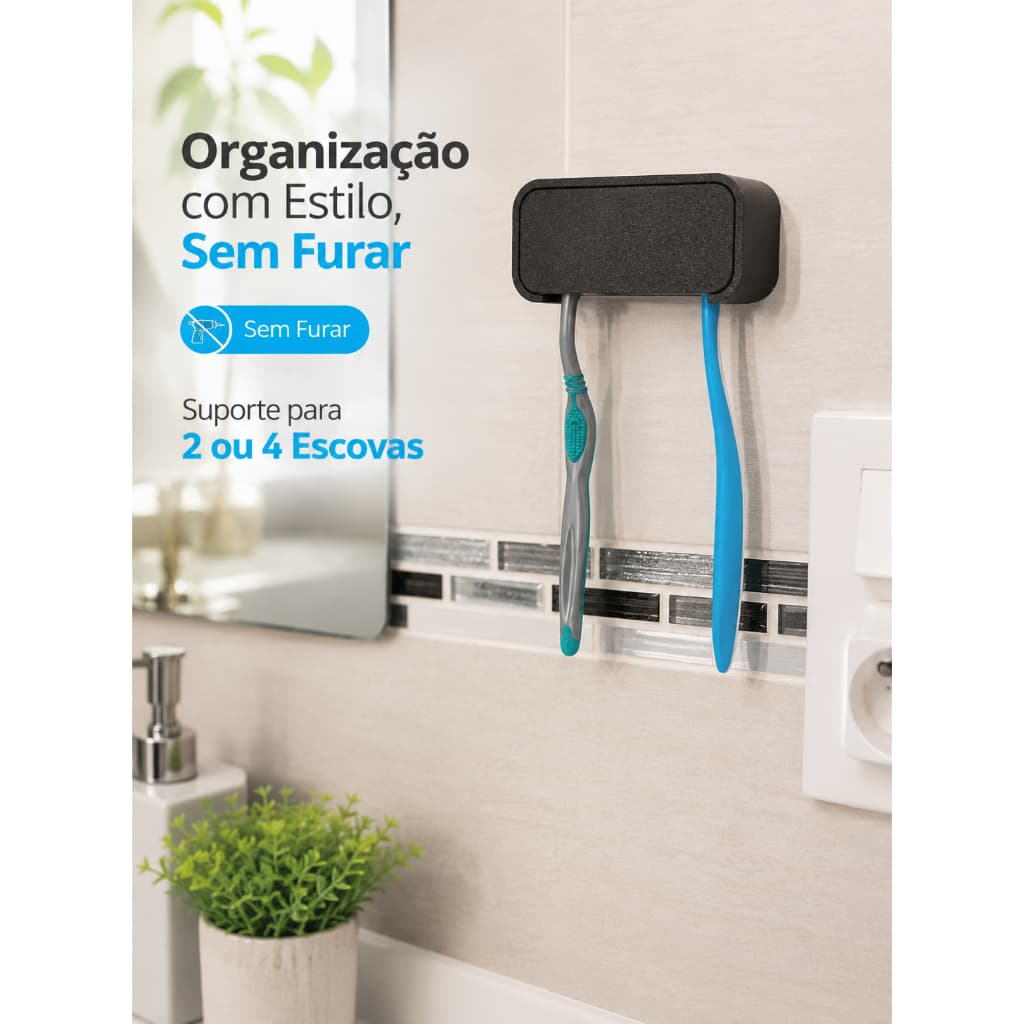 Porta Escovas de Dente Parede Sem Furo Suporte para 4 Escovas Organizador Banheiro Adesivo Autocolante Fita Dupla Face