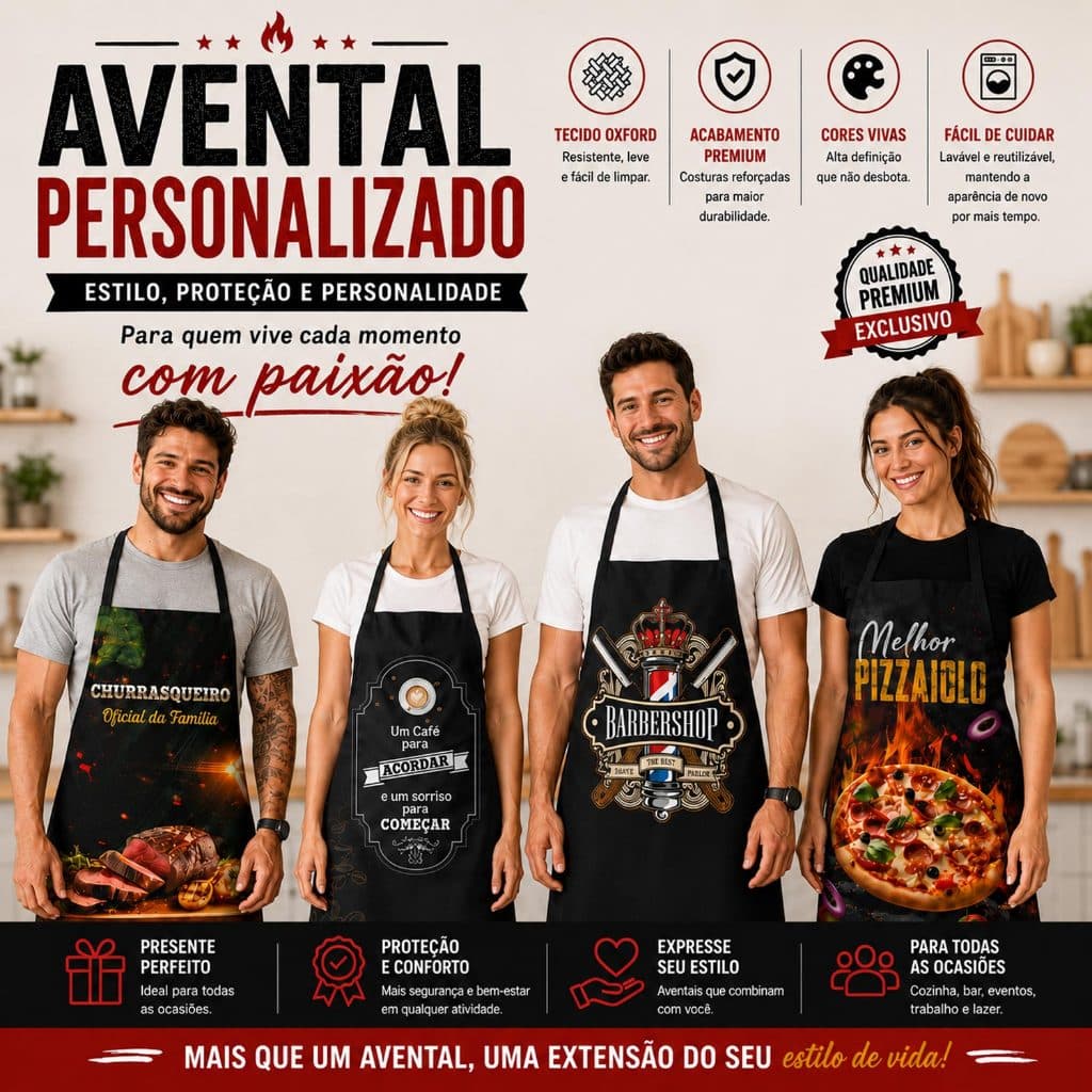 Avental Personalizado Cozinha Churrasqueiro Barbeiro Barman Oxford