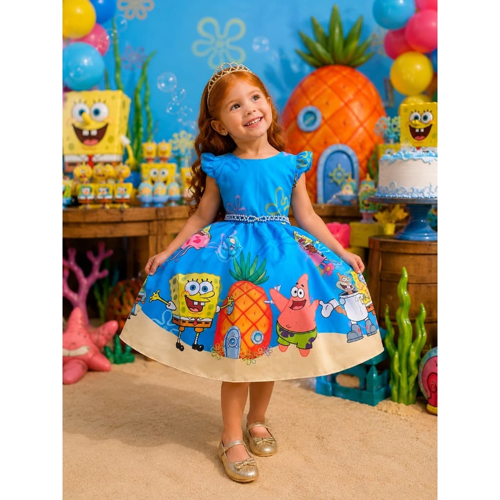 Vestido Bob Esponja Infantil Azul Festa Temática Fundo do Mar de 4 a 12 anos