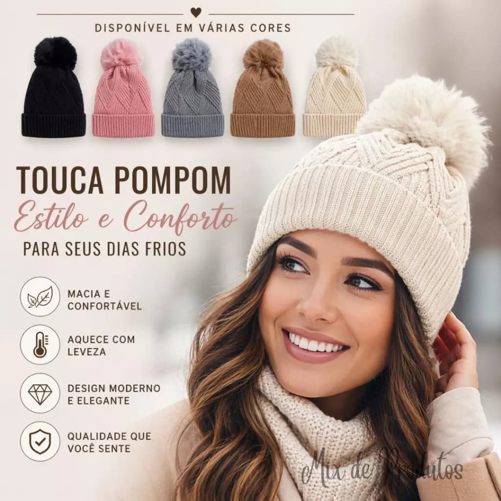 Touca Gorro De Lã Antialérgica Feminina Forrada De Pelinho com Pompom Pérola Estilo aleatório