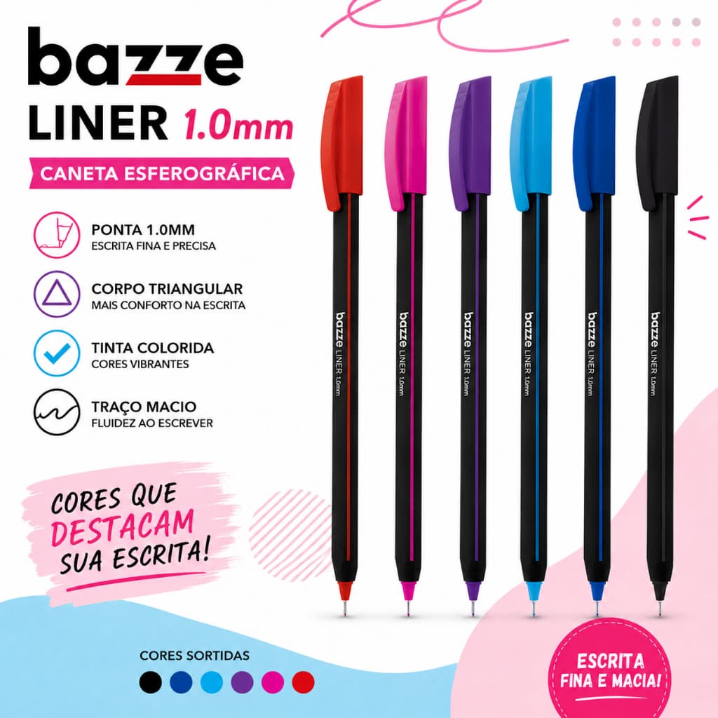 Kit 6 Canetas Esferográfica Liner 1.0mm Bazze