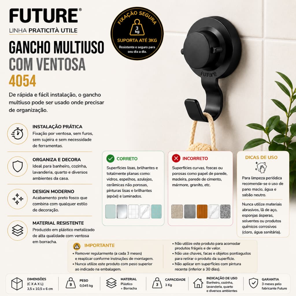 Gancho Multiuso com Ventosa Future  Preto