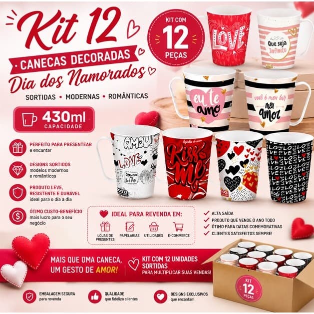 Kit 12 Caneca Decorada Dia dos Namorados Presente Revenda Plástico 430ml Resistente Casal