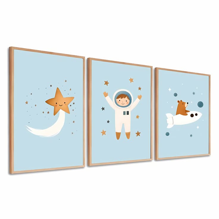 Quadros Infantil Astronauta Espaço Ursinho Foguete Decoração Quarto Bebê Menino