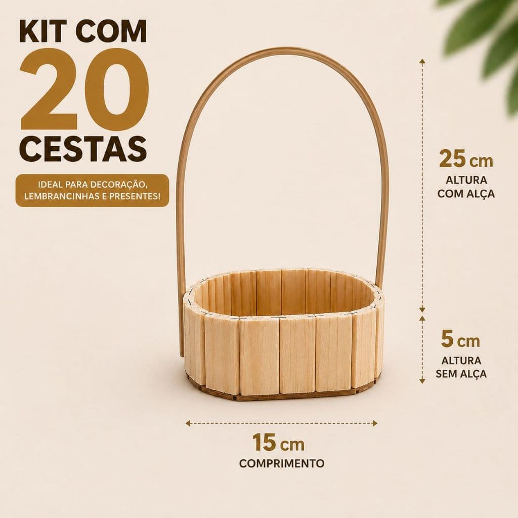 Kit 20 cestas de madeira pinus cesta fraldeira vazia com alça