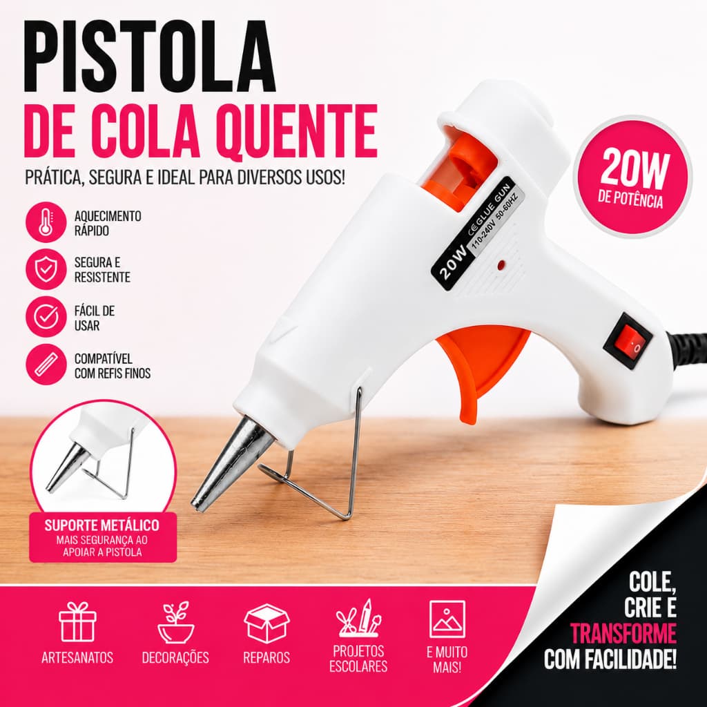 Pistola Cola Quente Bivolt 20w Bico Fino Com Botão On/Off  Para Bastões De 7mm