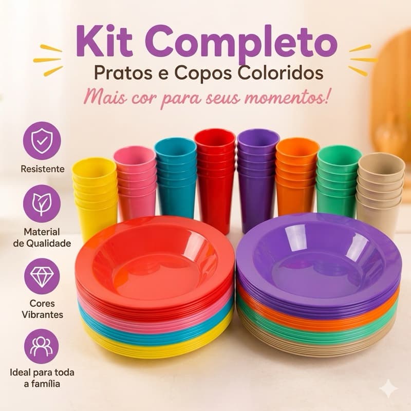 Kit 5 a 20 Pratos Redondos Fundos + Copos 330ml Plastico Resistente Colorido