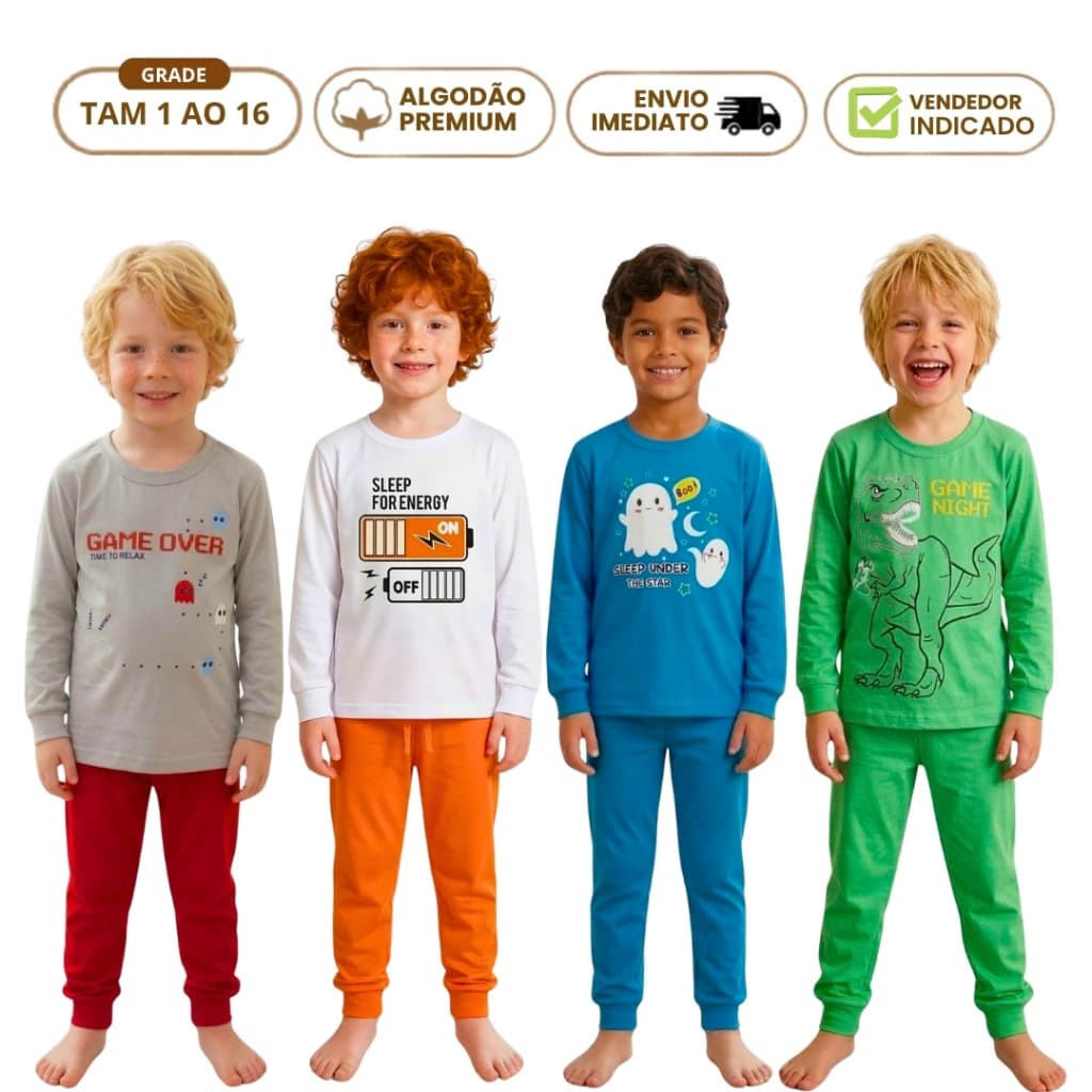 Kit 8 Peças Pijama Infantil Inverno Menino 4 Camiseta 4 Calças Masculina Punho Algodão Personagem Dino  1 ao 16 anos