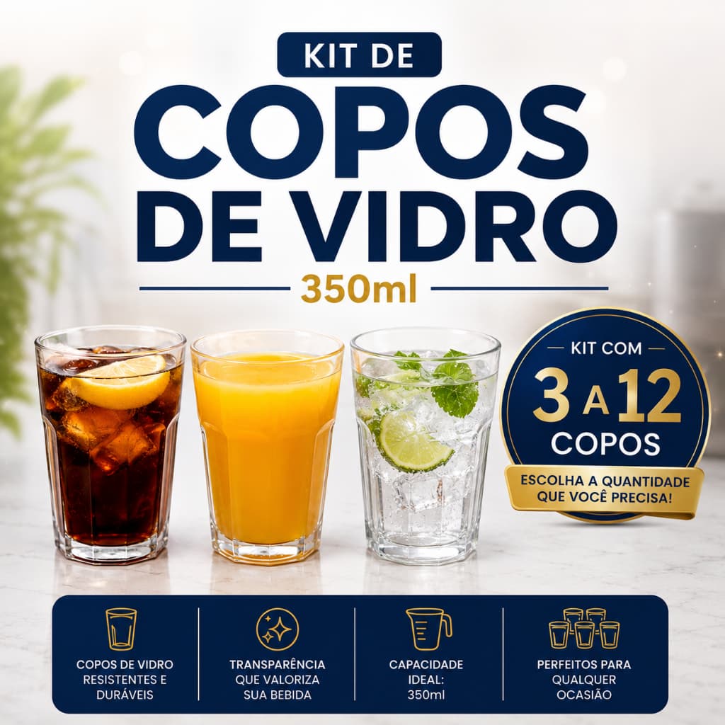 Kit 3/6/9/12 Copos de Vidro Transparente 350ml | Jogo de Copos de Vidro 350ml | Conjunto de Copos Reforçados