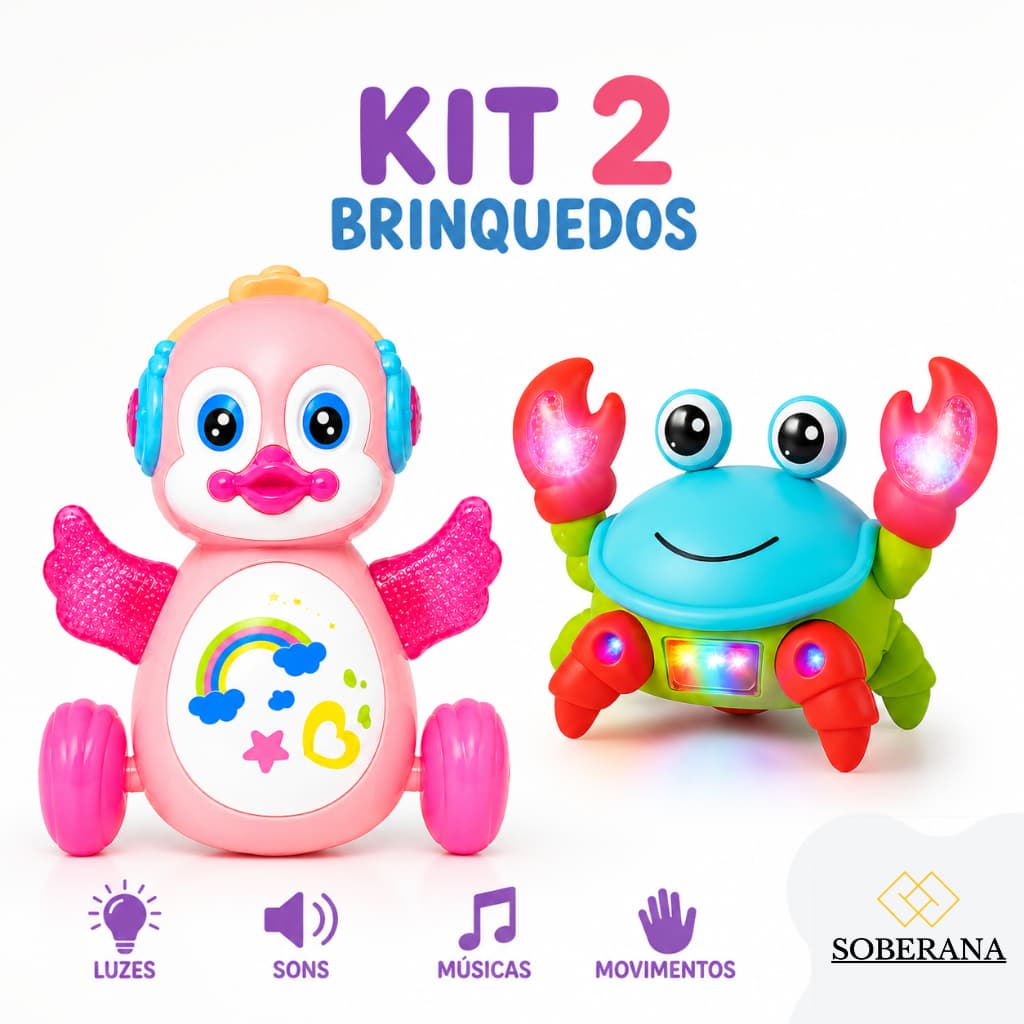 Kit 2 Brinquedos Pato Patinho Dançante e Caranguejo fujão Musical Luz Led Infantil