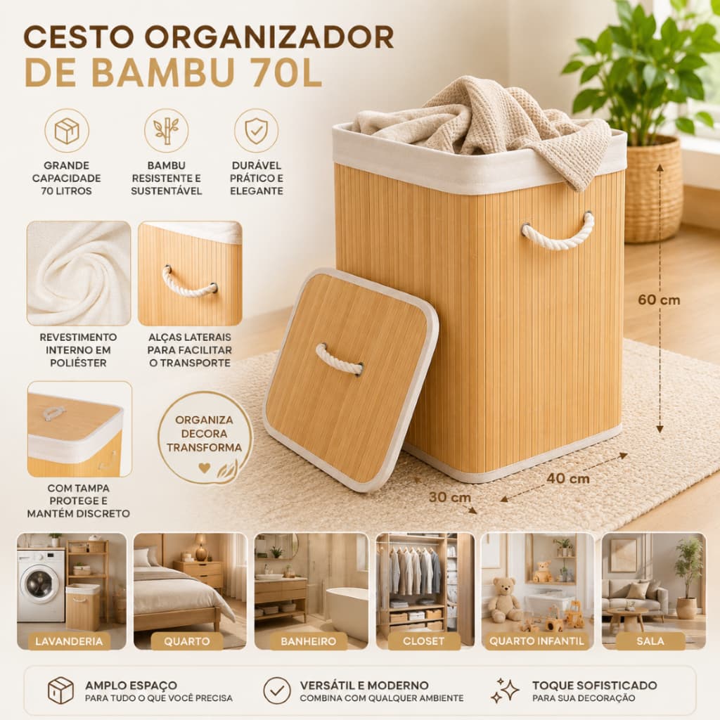Cesto de Bambu com alças e tampa 70L- Bambu- organização,  lavanderias, quartos, banheiros
