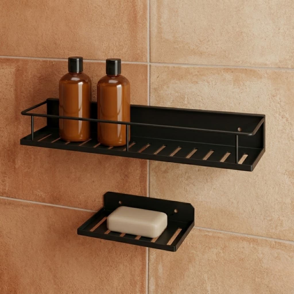 Kit Banheiro Acessórios  Porta Shampoo Sabonete Saboneteira Suporte Lavabo em Aço  de Parede