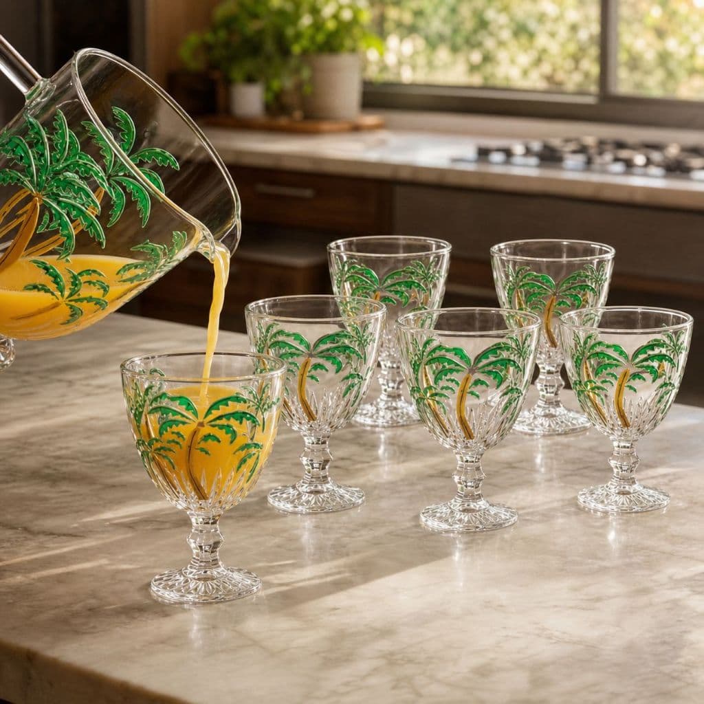 Conjunto Jarra 1 Litro E Jogo de Taças 350ml Vidro Palm Tree Tropical Luxo para Bebidas