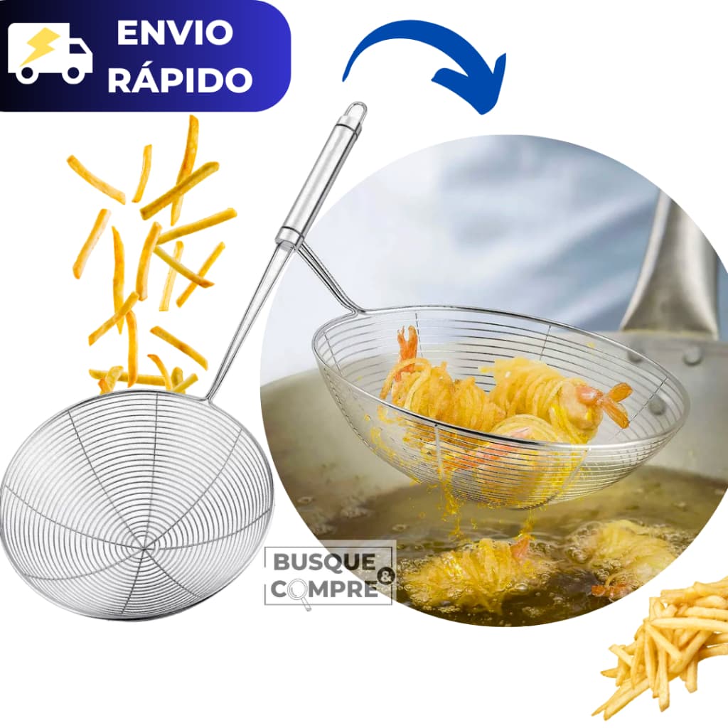 Escumadeira Aramada Inox Resistente Fritura Batata Frita Pastel Salgado Multiuso Cabo 34,5cm