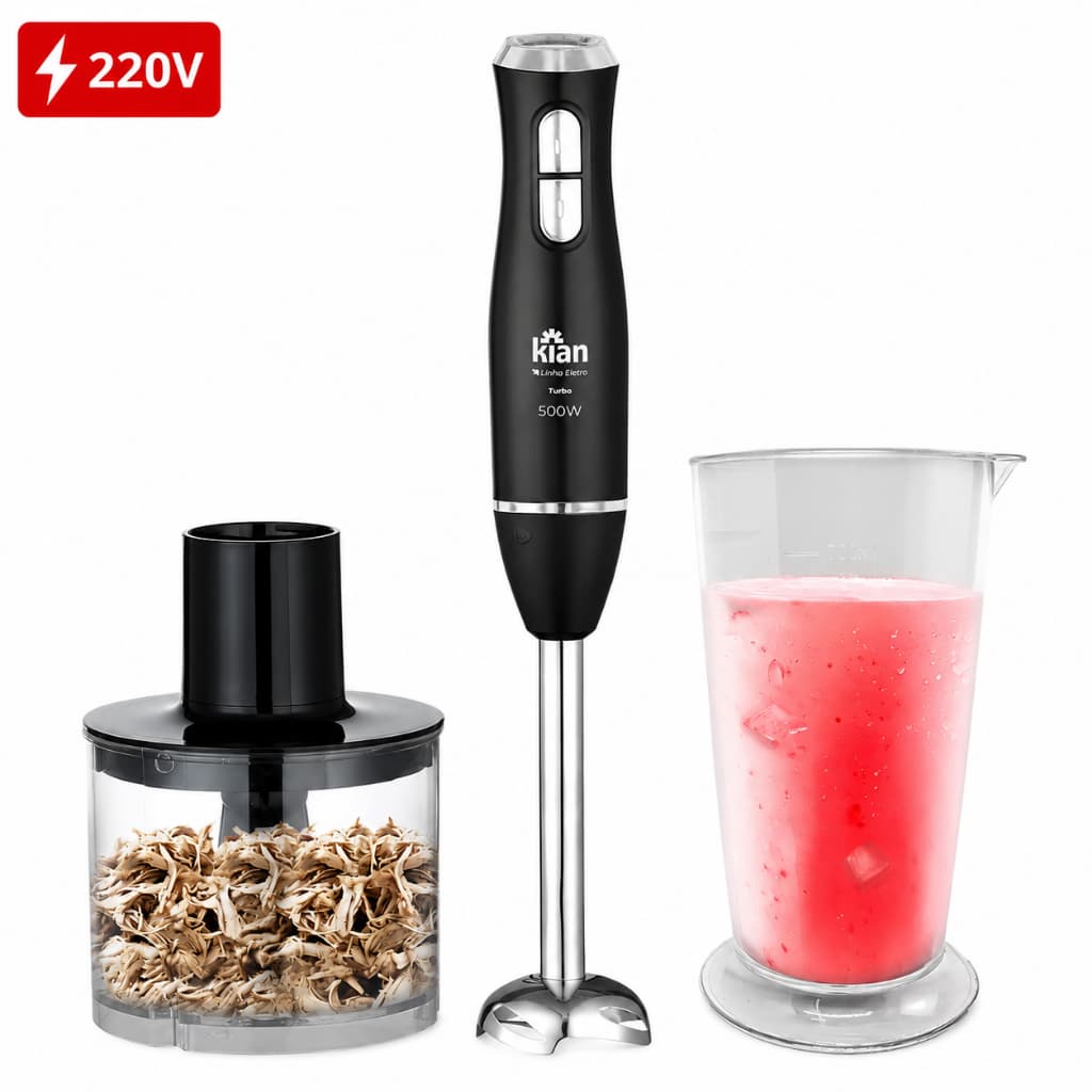 Mixer Turbo 2 em 1 Kian 500 W – Preto & Inox | 2 Velocidades | Copo Processador | 220 V