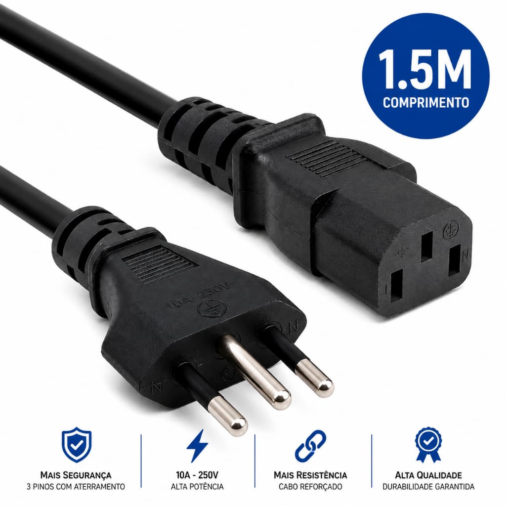 Cabo Tripolar Bivolt Para Panela Elétrica, Impressora , Fonte, Cpu, Tv, Computador，Monitor