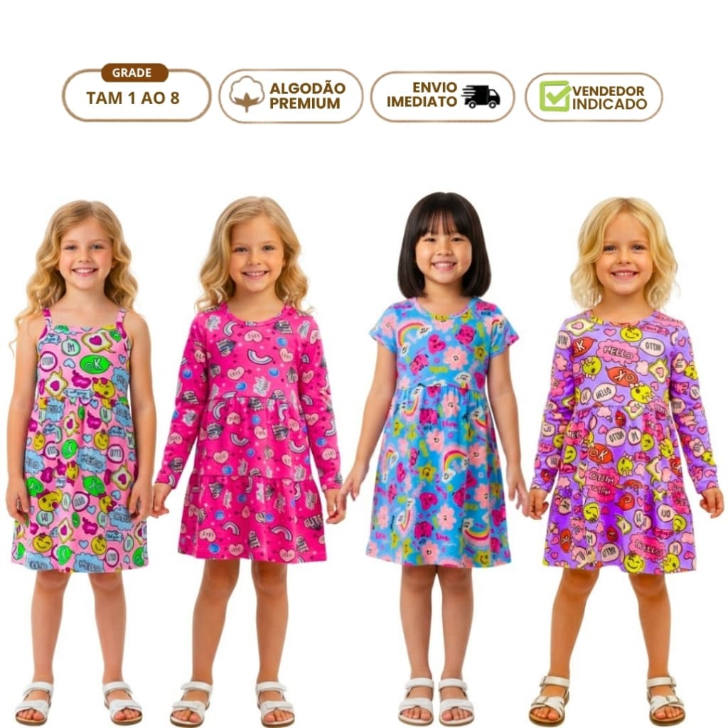 Kit 4 Vestido Infantil Menina 2 Verão 2 Inverno em Algodão vem  Manga Longa e Manga Curta  1 ao 8