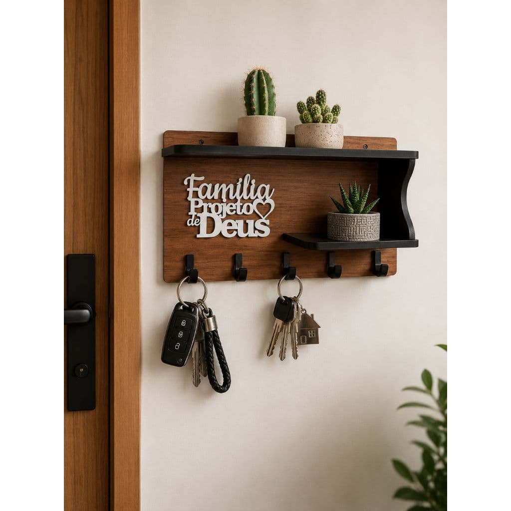 Porta Chaves Decorativo Família Projeto de Deus MDF Com Prateleira e Suporte