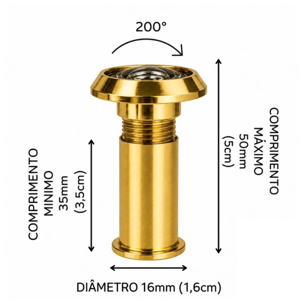 Olho Mágico Dourado Com Ângulo Visual 200º Com Regulagem Para Porta de Madeira Fertak