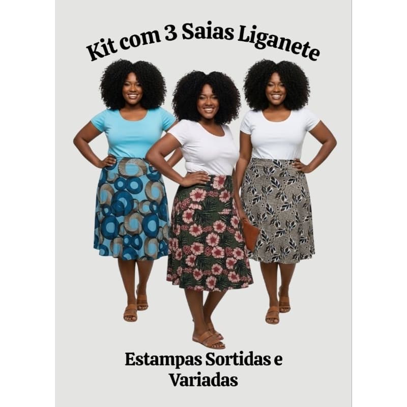 Kit 3 Saias Feminina Para Senhoras Estampada Liganete Com Forro