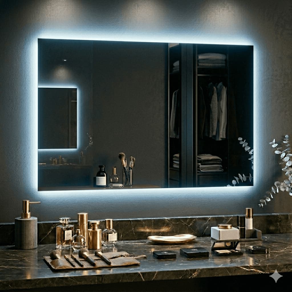 Espelho Decorativo Sofisticado Retangular com Luz de Led e Botao Touch Perfeito para Banheiro Lavabo