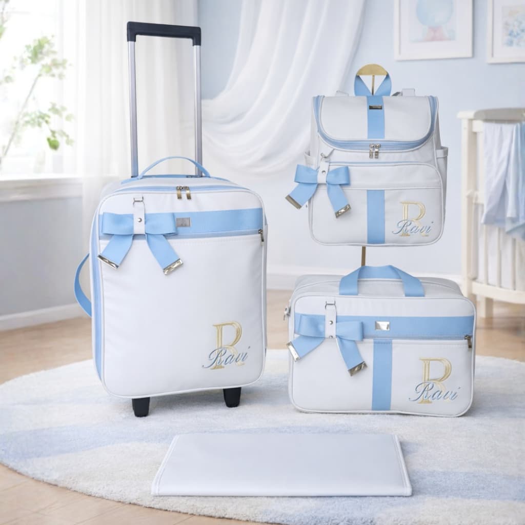Kit de bolsas de maternidade com mala, bolsa, mochila e trocador branco com faixas azul bebê