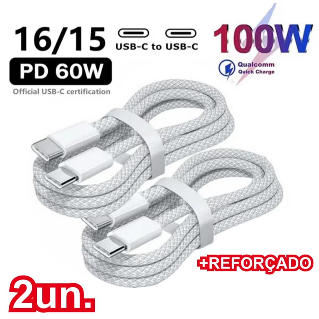 Kit 2 Cabos Usb C Tipo C Iphone 15 16 17 Samsung Carregador Rápido 1m Reforçado