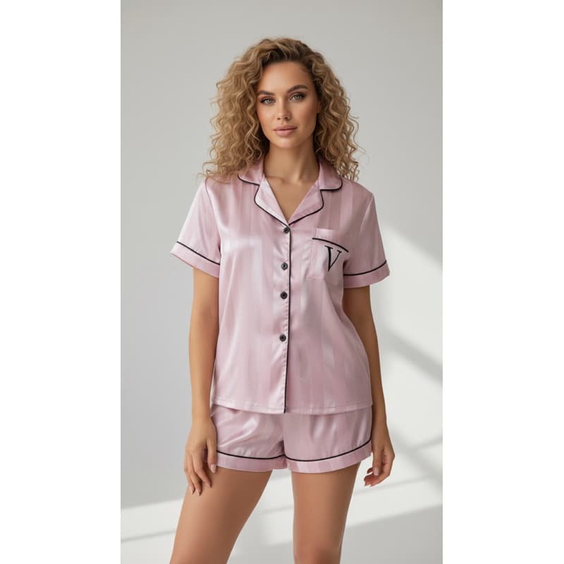 Pijama Feminino Rosa Listrado Cetim Premium, Americano, amamentação, Maternidade, Pós cirúrgico