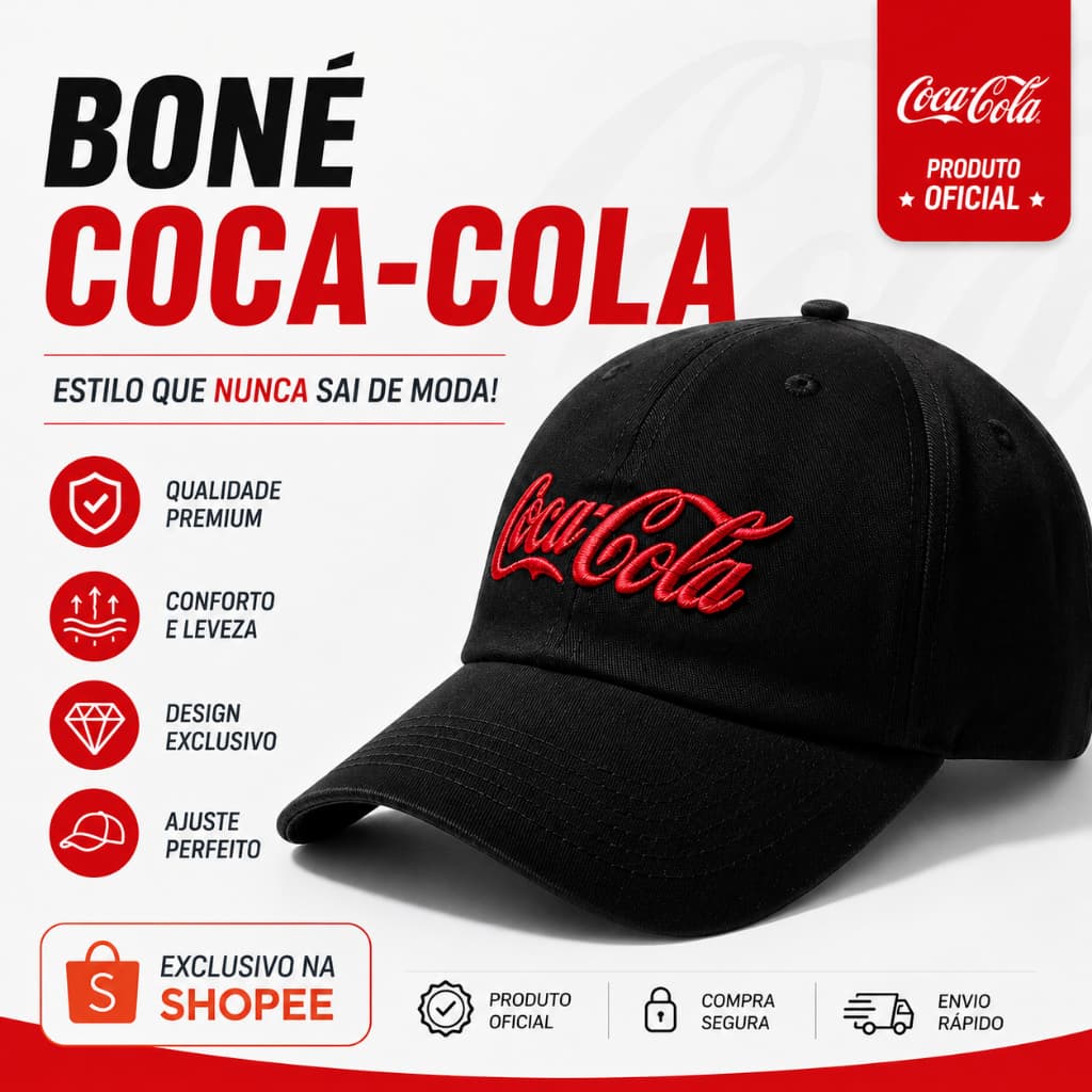 Boné Coca Cola Dad Hat Bordado Alta Definição Aba Curva Unissex com Regulagem Fitão