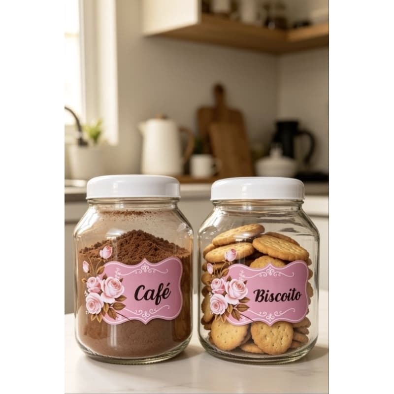 Kit 2 Potes de Vidro Café e Biscoito | Rosas Rosa | Organizador Cozinha