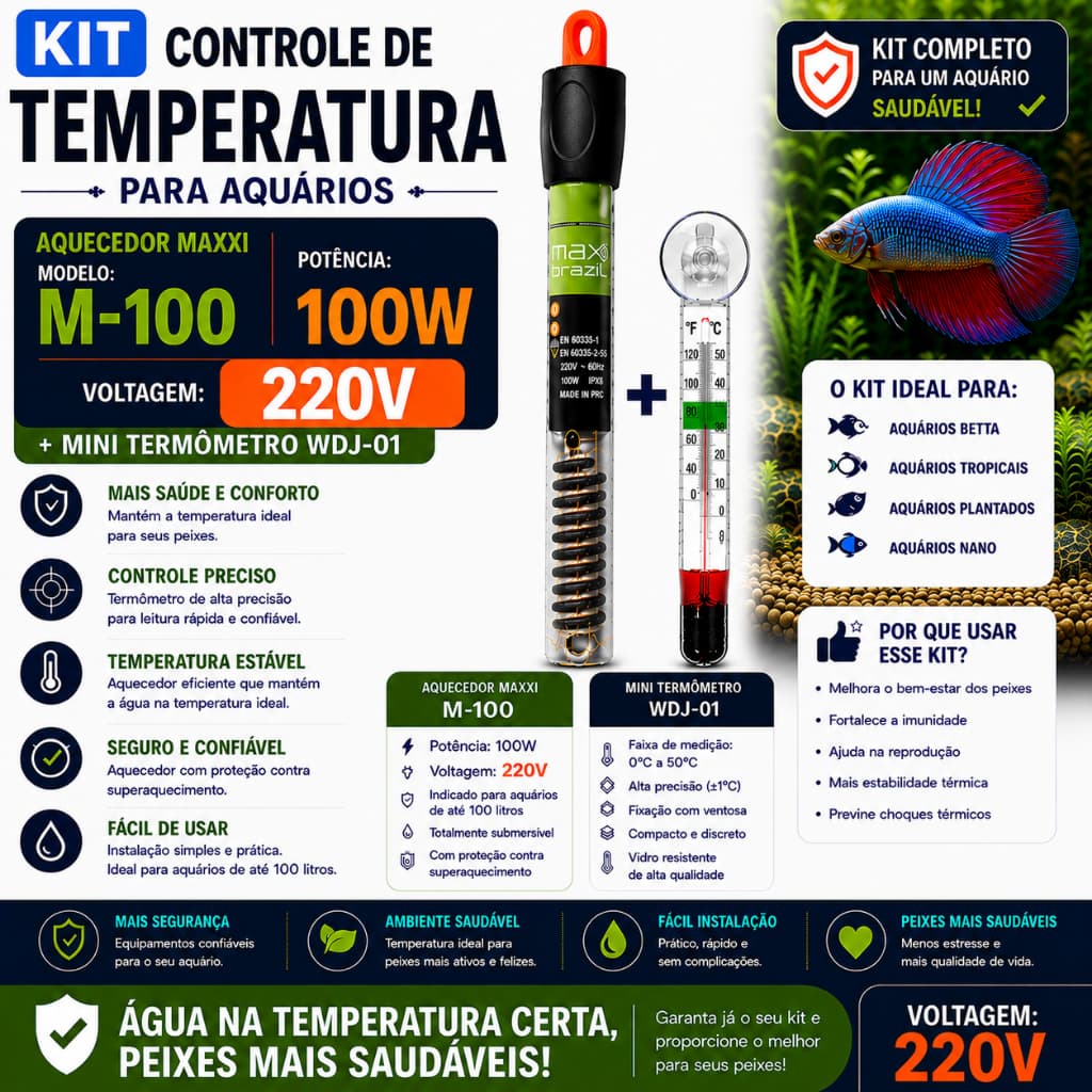 Kit Aquário Temperatura Ideal – Aquecedor Maxxi M-100 220V + Mini Termômetro Sunsun WDJ-01