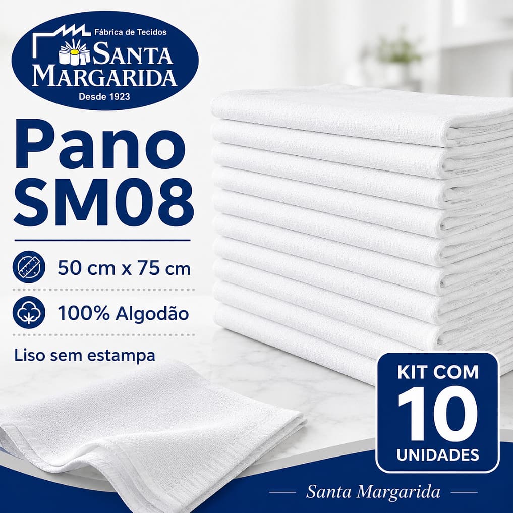 Kit 10 Un Pano de Prato SM08 Liso 50cm x 75cm Santa Margarida Embanhado 100% Algodão